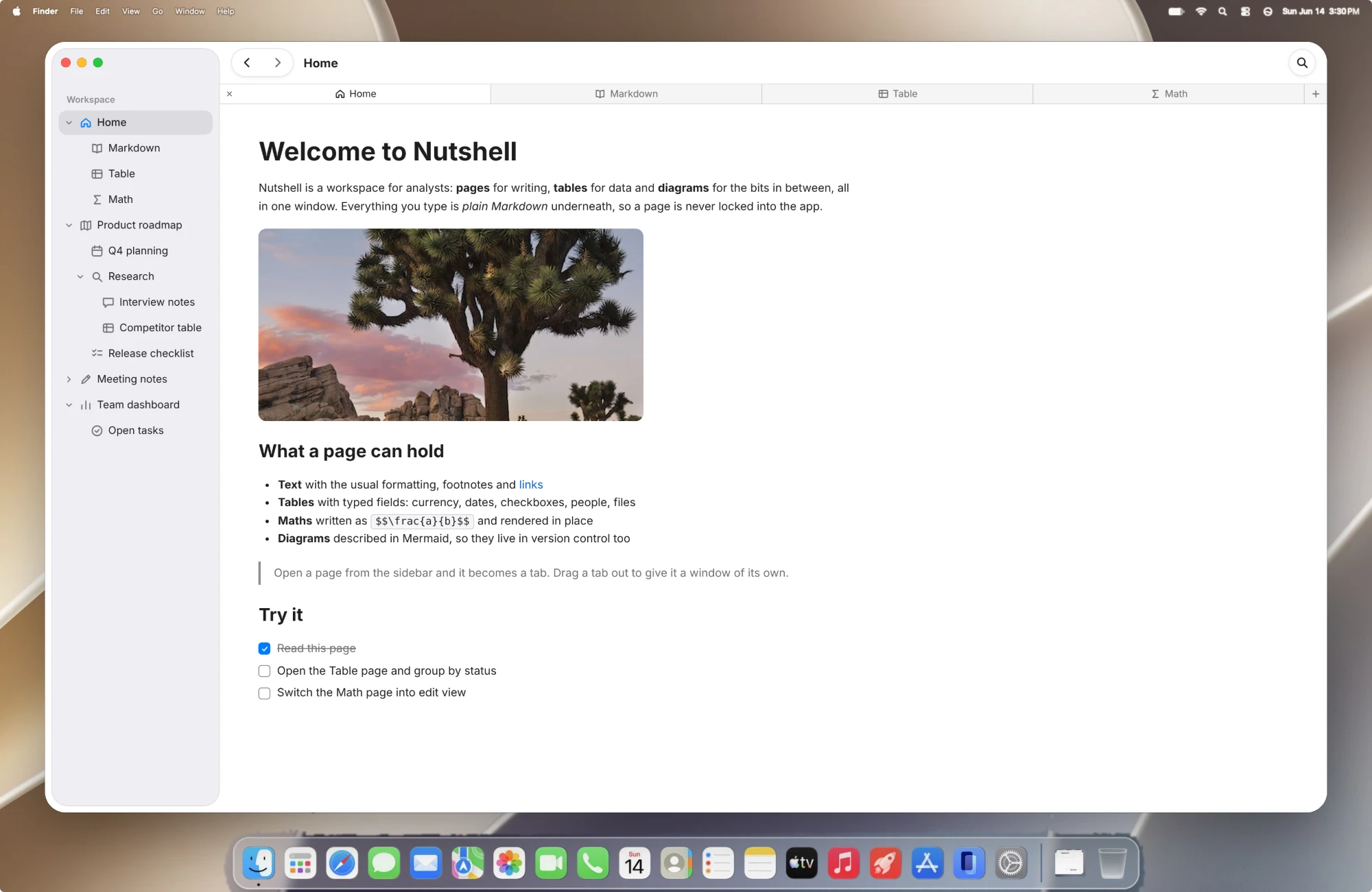 Nutshell running on macOS, showing the Home page with a sidebar of pages and tabs for Markdown, Table and Math